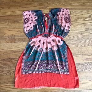 UNITY Coral Green Paisley Sublimation Sheer Swim Cover Up Beach Dress Size M